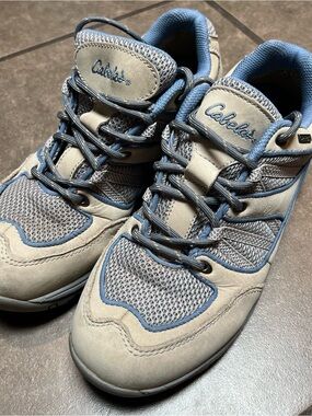 Cabela’s Womens 9.5 B Suede Mesh Trail Hiking Shoes Beige Blue 82-4402